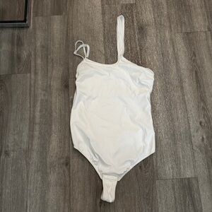 White asymmetrical thong bodysuit